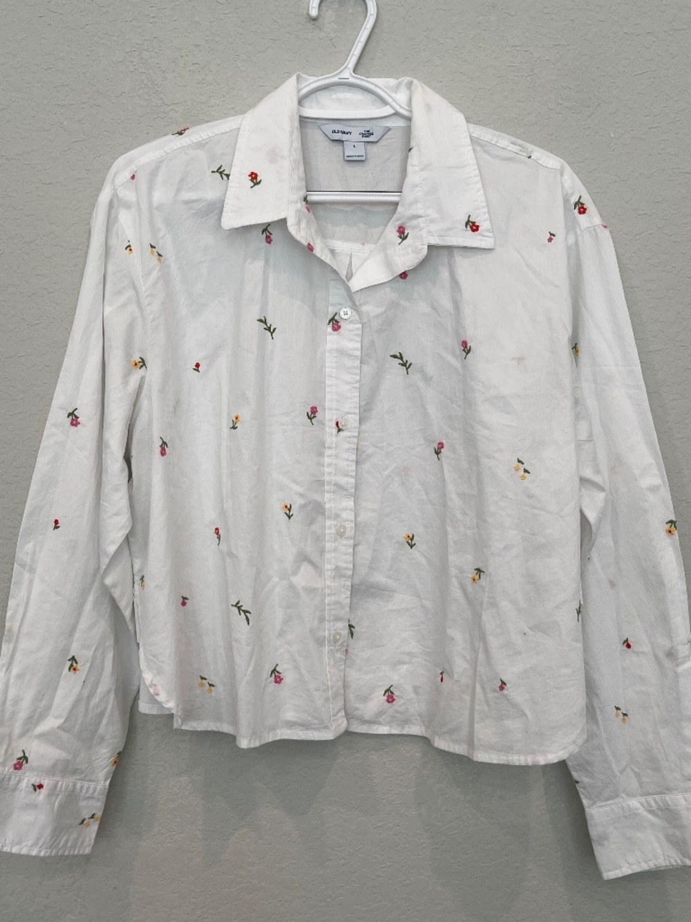 Old Navy Cropped Button Up Shirt Women's L White Floral Embroidery Cotton